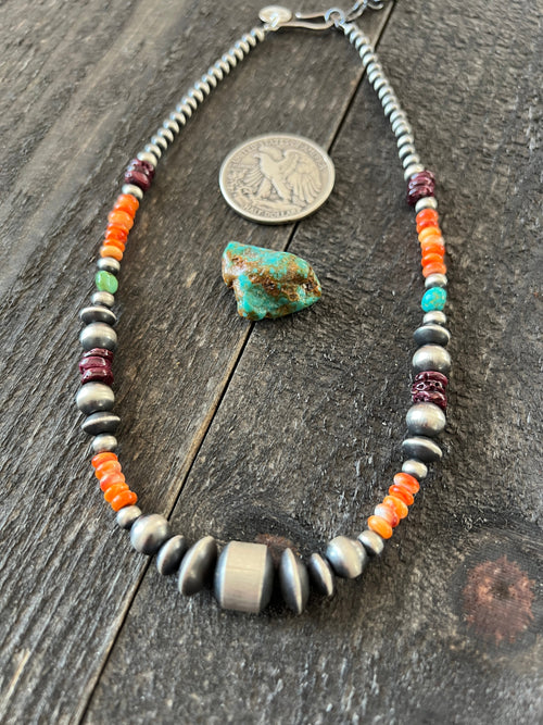 Navajo Electric Rainbow Sterling Silver, Turquoise and Spiny Oyster Single Strand Beaded Necklace by Rose Martin, 16 + 2 Inches