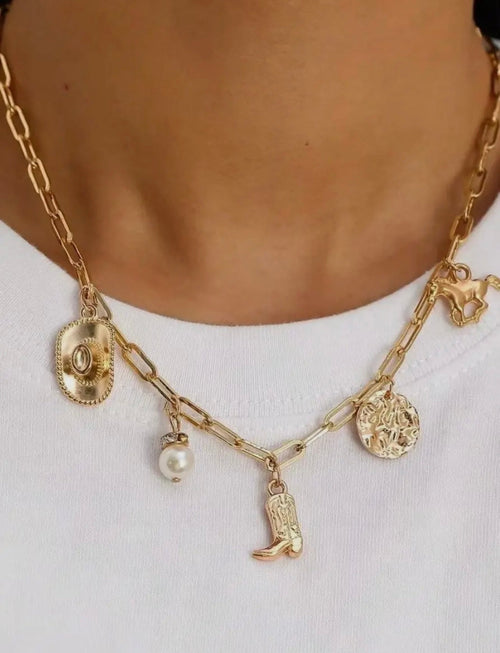 “The Golden Collection” Handmade 14k Gold Plated Western Pearl Charm Necklace