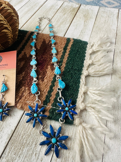 Old Pawn Zuni Sterling Silver, Turquoise & Lapis Flower Necklace and Earring Set