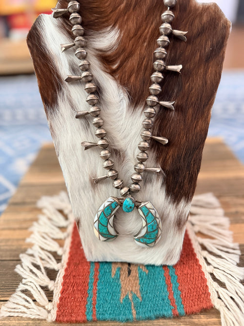 Old Pawn Handcrafted Turquoise, Mother of Pearl & Sterling Silver Beaded Squash Blossom Necklace