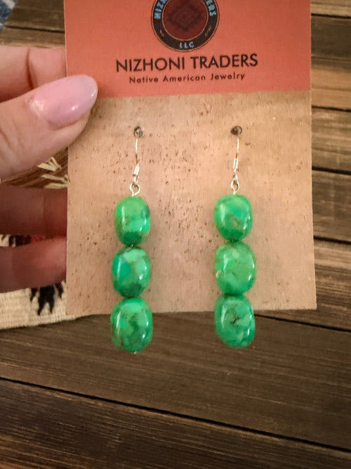 Handmade Green Kingman Turquoise Beaded Dangle Earrings
