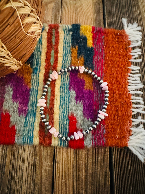 Handcrafted Queen Pink Conch & Sterling Silver Pearl Beaded Stretch Bracelet