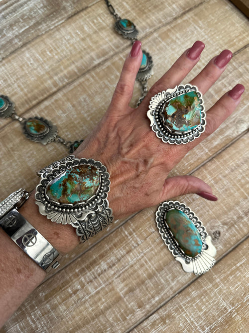 Charles Johnson Navajo Royston Turquoise & Sterling Silver Necklace, Bracelet and Ring Set Signed