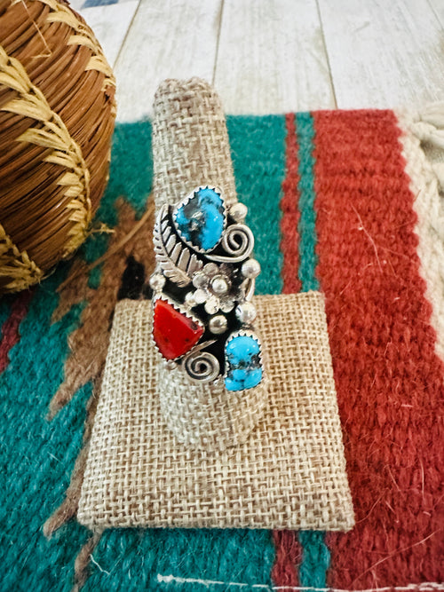 Old Pawn Navajo Sterling Silver, Turquoise & Coral Ring