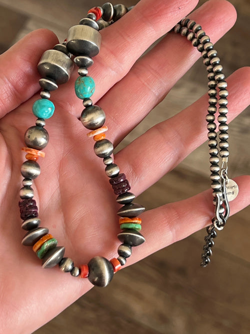 Navajo Made Electric Rainbow Sterling Silver, Turquoise and Spiny Oyster Single Strand Beaded Necklace by Rose Martin, 20 + 2 Inches