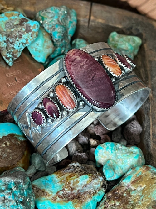 Old Pawn Handcrafted Sterling Silver and Spiny Oyster Cuff Bracelet, Signed AD