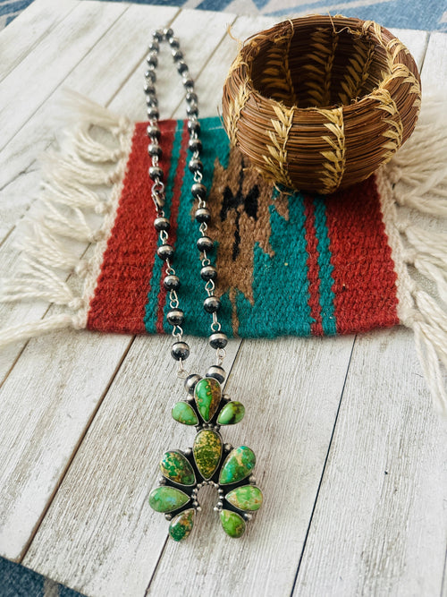 Navajo Sterling Silver & Sonoran Gold Turquoise Beaded Naja Necklace Signed