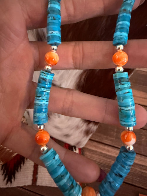 Handcrafted Turquoise, Spiny & Sterling Silver Pearl 22” Beaded Necklace