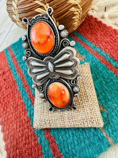 Apache Orange Spiny Oyster & Sterling Silver Ring by Rosella Paxson, Size 9