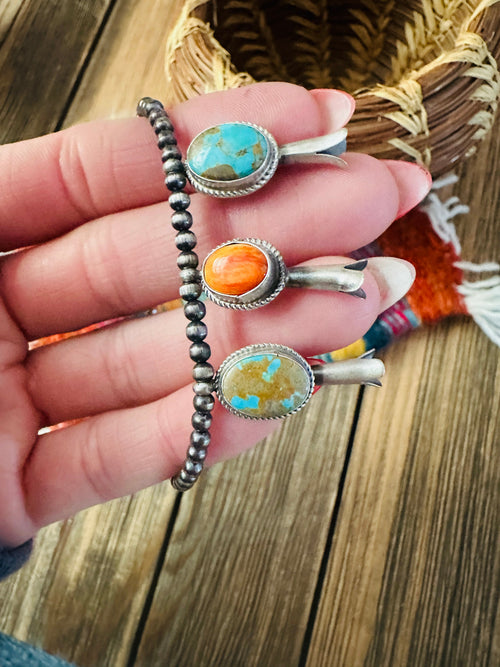Handcrafted 3mm Sterling Silver Pearl, Turquoise & Spiny Oyster Blossom Stretch Bracelet