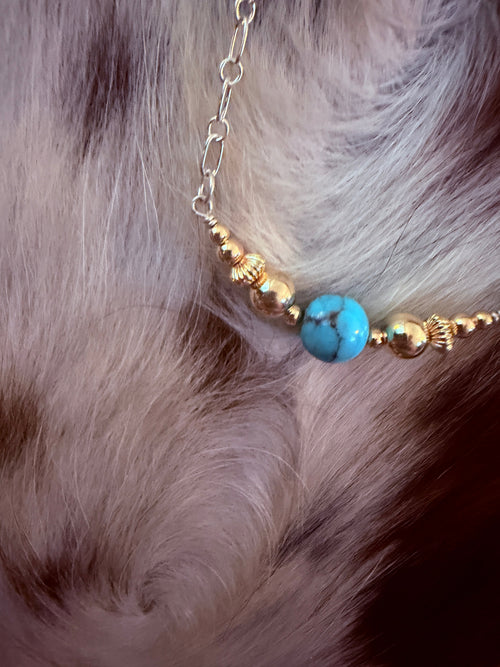 Handcrafted Sterling Silver, Gold & Turquoise Beaded 16” Necklace