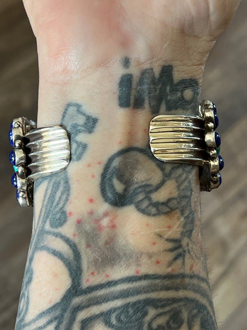 Navajo Sterling Silver, Sonoran Mountain Turquoise and Lapis Lazuli Cluster Cuff Bracelet by Tyler Brown
