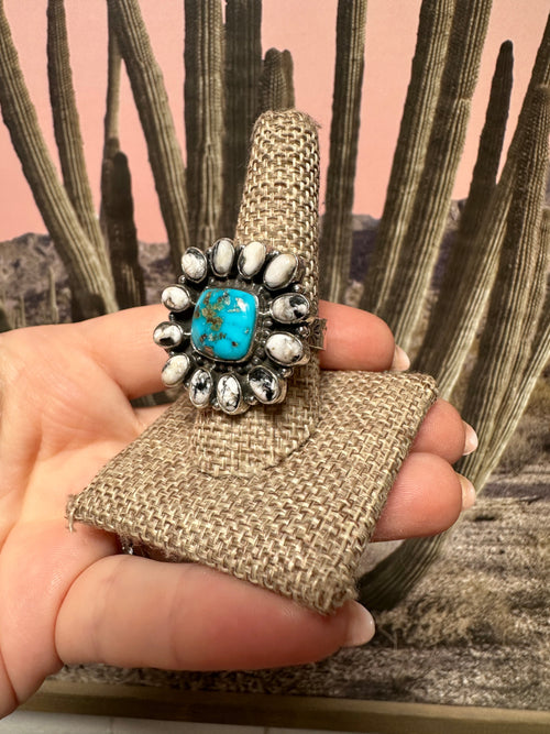 Beautiful Handmade Turquoise, White Buffalo And Sterling Silver Adjustable Cluster Ring