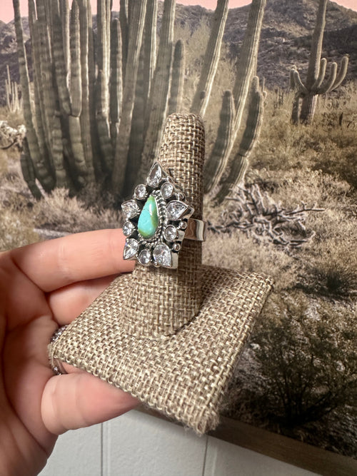 Beautiful Handmade Sonoran Mountain Turquoise , CZ And Sterling Silver Adjustable Ring