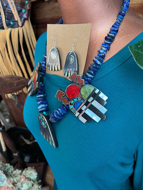 Handcrafted Multi Stone Inlay Healing Hand and Storm Cloud Necklace & Earrings by Warren Nieto