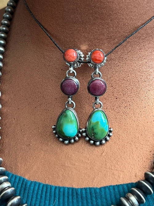 Navajo Made Sterling Silver Electric Rainbow Beaded Drop Charm Necklace & Earrings Set by Loretta Delgarito