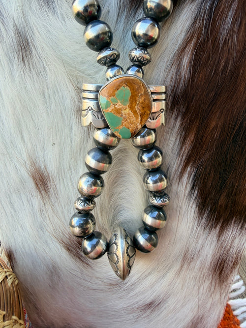 Handcrafted Turquoise & Sterling Silver Beaded Double Sided Jacla Necklace