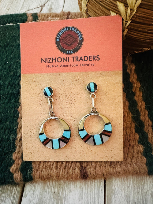 Old Pawn Zuni Multi Stone & Sterling Silver Inlay Earrings