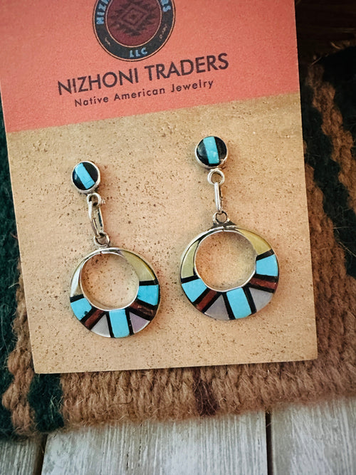 Old Pawn Zuni Multi Stone & Sterling Silver Inlay Earrings
