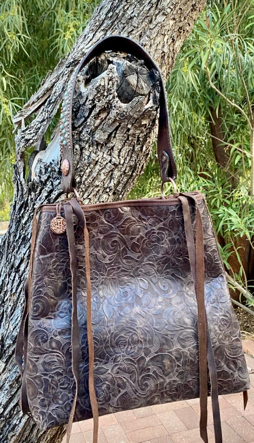 Vintage Rose Leather Big Tote HandBag Purse