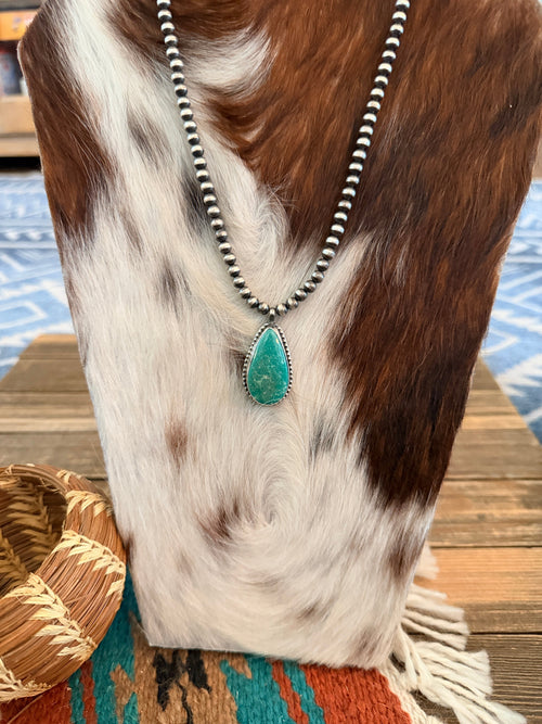 Handcrafted Turquoise & 5mm Sterling Silver Pearl 18” Beaded Necklace