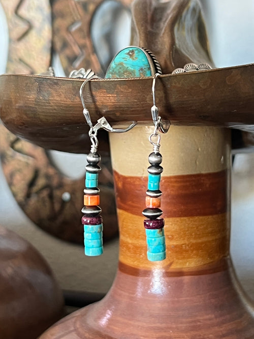 Navajo Made Sterling Silver Summer Lovin’ Turquoise and Spiny Oyster Beaded Drop Earrings, Leverback