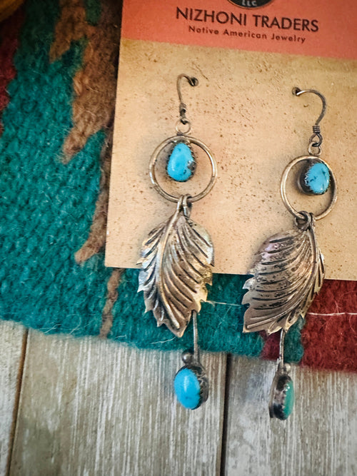 Old Pawn Navajo Sterling Silver & Turquoise Feather  Dangle Earrings