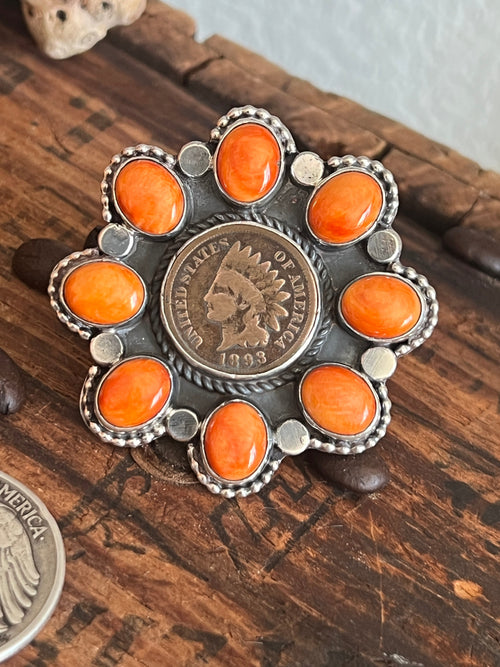 Apache Sterling Silver, Indian Head Penny and Spiny Oyster Shell Cluster Ring by Rosella Paxson, Size 9