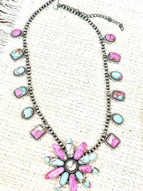 Handmade Sterling Silver Cotton Candy Turquoise Necklace with Signed Nizhoni
