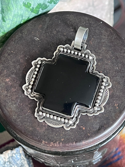 Hand Stamped Sterling Silver & Black Marble Santa Fe Cross Pendant by Kimari Somers