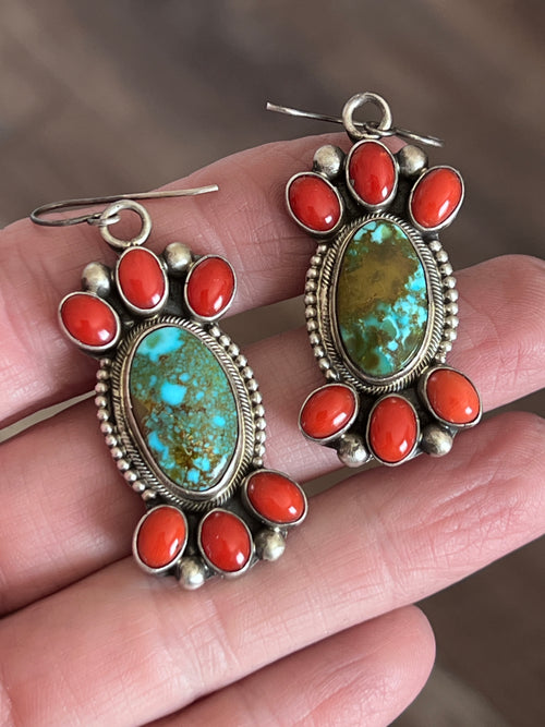 Taos Collection: Handcrafted Sterling Silver, Kingman Turquoise and Mediterranean Coral Necklace & Earrings Set by Kathleen Chavez