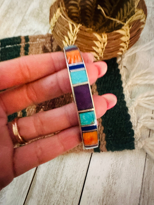 Old Pawn Navajo Multi Stone & Sterling Silver Inlay Cuff Bracelet