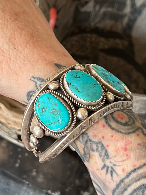 Old Pawn Navajo Sterling Silver and Natural Sleeping Beauty Turquoise Cuff Bracelet, Signed D