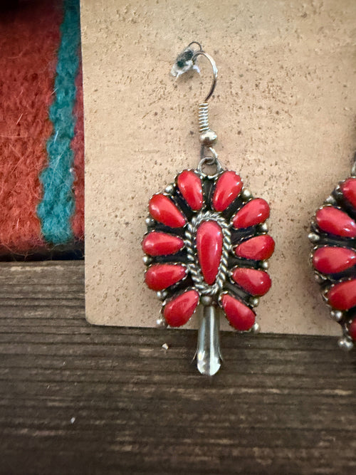 Handcrafted Old Pawn Sterling Silver & Coral Cluster Dangle Earrings