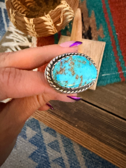 Old Pawn Handcrafted Turquoise & Sterling Silver Cigar Band Ring Size 10