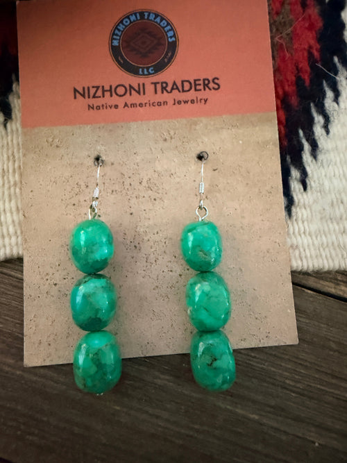 Handmade Green Kingman Turquoise Beaded Dangle Earrings