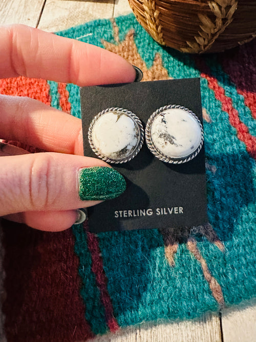 Navajo White Buffalo and Sterling Silver Circle Post Earrings