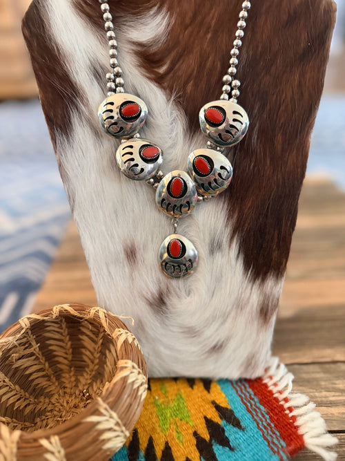 Old Pawn Handcrafted Coral and Nickel Bead Paw Necklace