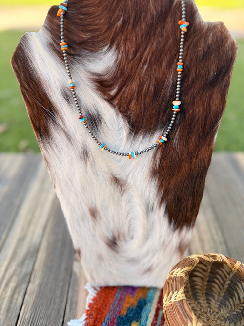 Handcrafted Turquoise, Spiny & Sterling Silver Pearl 18” Beaded Necklace