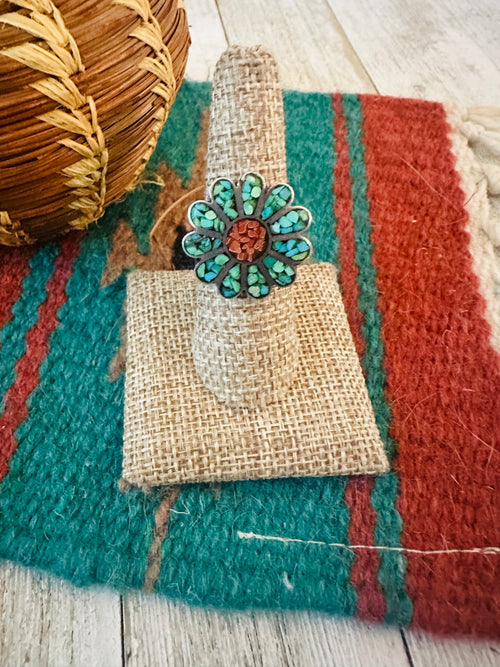 Old Pawn Navajo Sterling Silver, Turquoise & Coral Flower Ring Size 7.75