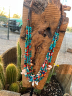 Gorgeous Navajo Made Six Strand Turquoise and Spiny Oyster Beaded Squaw Wrap Necklace, Blue