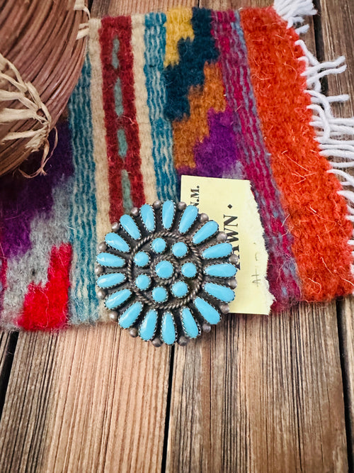 Old Pawn Handcrafted Turquoise and Sterling Silver Cluster Brooch/ Pendant