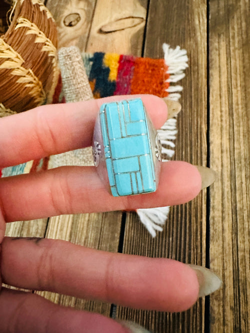Old Pawn Handcrafted Turquoise & Sterling Silver Inlay Ring Size 10
