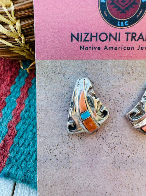 Handcrafted Old Pawn Sterling Silver, Spiny & Turquoise Post Earrings