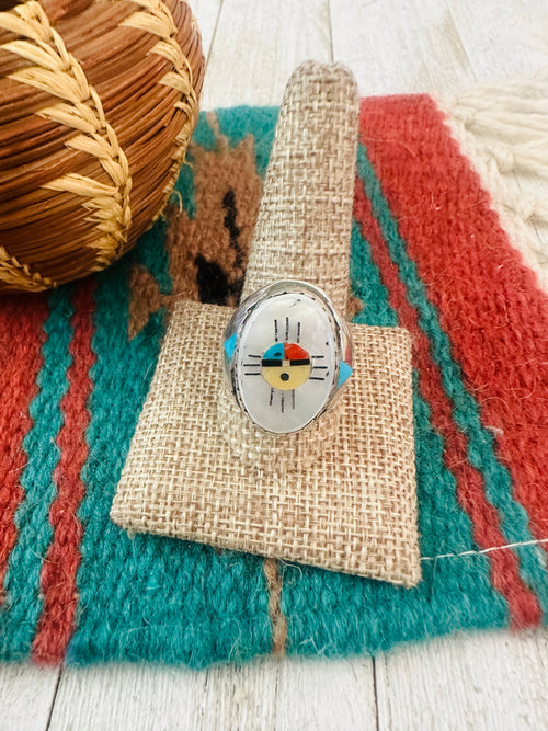 Old Pawn Zuni Sterling Silver & Multi Stone Inlay Sun Face Ring Size 11