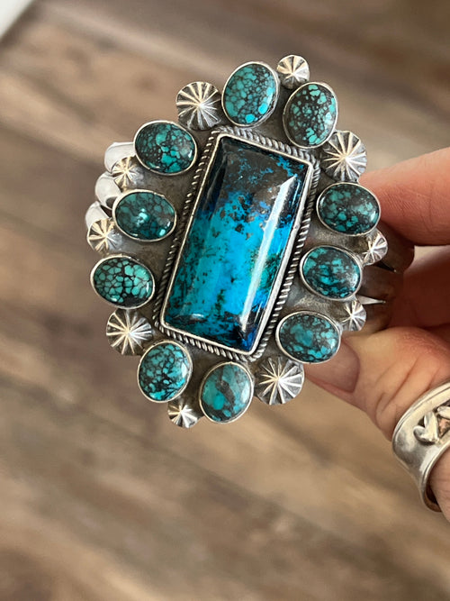 Apache Sterling Silver, Hubei Turquoise and Chrysocolla Azurite Cuff Bracelet by Rosella Paxson