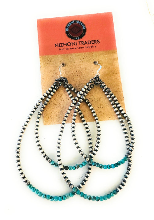 Navajo Turquoise & Sterling Silver Beaded Double Hoop Dangle Earrings LESLIE’S FAVORITE