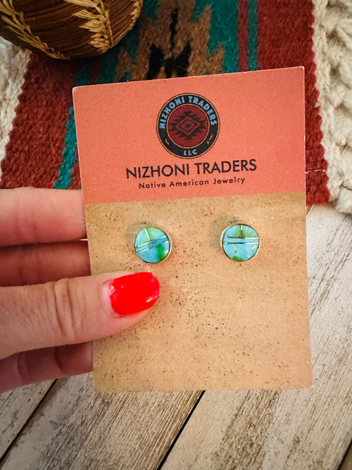 Navajo Sonoran Mountain Turquoise & Sterling Silver Inlay Stud Earrings