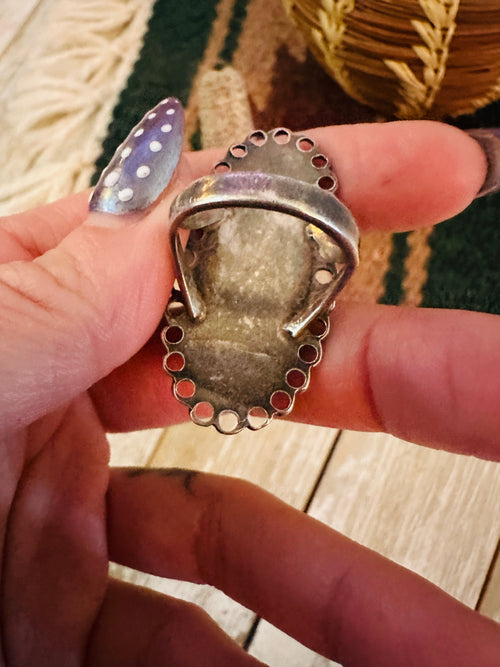 Old Pawn Handcrafted Green Aventurine & Sterling Silver Ring Size 6.5