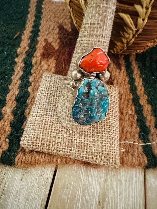 Old Pawn Handcrafted Turquoise, Coral & Sterling Silver Ring Size 10.25